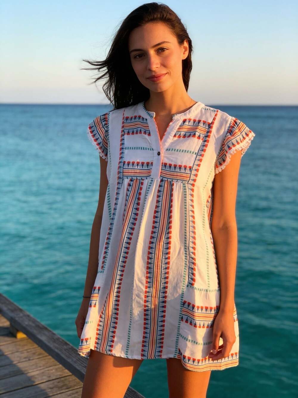 Grace + Karma Women's White Multi-Color Geometric Print Tunic Dress with Ruffle